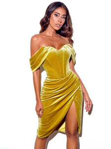 OMARIA VELVET OFF SHOULDER CORSET DRESS