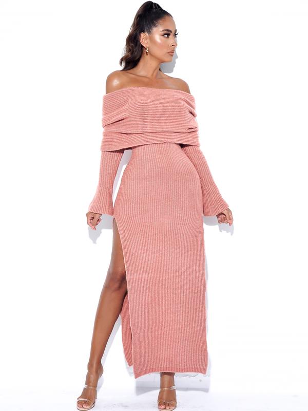 ESTHER DUSTY PINK OFF SHOULDER LONG SWEATER DRESS Arelia's Dream ESTHER DUSTY PINK OFF SHOULDER LONG SWEATER DRESS Arelia's Dream