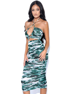 QUINCEE GREEN MESH PRINT CUTOUT LACE UP DRESS