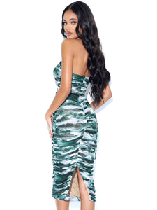 QUINCEE GREEN MESH PRINT CUTOUT LACE UP DRESS