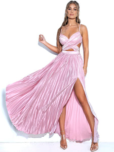 ZOELIE PINK HIGH SLIT SATIN MAXI DRESS