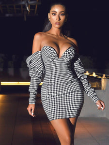 KYLIE PUFF SLEEVE OFF SHOULDER HOUNDSTOOTH DRESS