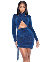Load image into Gallery viewer, URVI TEAL LONG SLEEVE CRISS CROSS GLITTER JERSEY DRESS