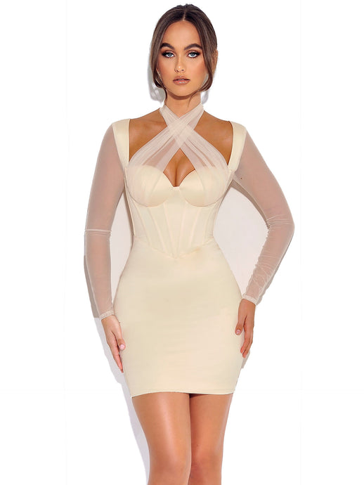 JOCELYNN IVORY WHITE SATIN MESH LONG SLEEVE CORSET DRESS
