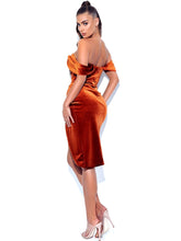 Load image into Gallery viewer, OMARIA TAN VELVET OFF SHOULDER CORSET DRESS