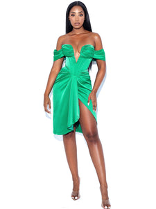 DREYA GREEN OFF SHOULDER SATIN CORSET DRESS