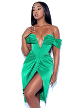 Load image into Gallery viewer, DREYA GREEN OFF SHOULDER SATIN CORSET DRESS
