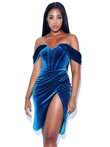 OMARIA TEAL VELVET OFF SHOULDER CORSET DRESS