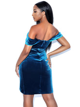 Load image into Gallery viewer, OMARIA TEAL VELVET OFF SHOULDER CORSET DRESS