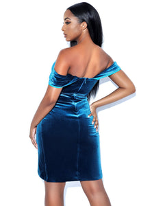 OMARIA TEAL VELVET OFF SHOULDER CORSET DRESS