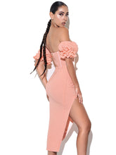 Load image into Gallery viewer, THERESA SALMON OFF SHOULDER PUFF SLEEVE MIDI DRESS