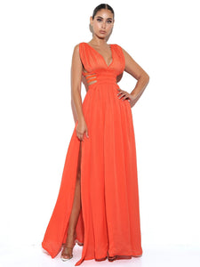 CARISSA SILK PLEATED CUTOUT MAXI DRESS