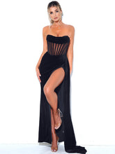 Load image into Gallery viewer, PRIYA BLACK DRAPING CORSET HIGH SLIT VELVET GOWN