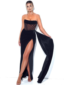 PRIYA BLACK DRAPING CORSET HIGH SLIT VELVET GOWN
