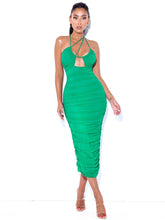 Load image into Gallery viewer, FELIS GREEN LACE-UP STRAPPY RUCHED MESH DRESS