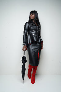 COLD BLOODED FAUX LEATHER PEPLUM JACKET AND SKIRT SET