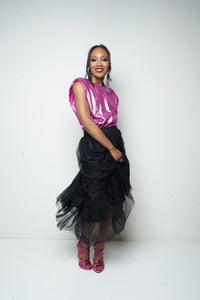 TIERED FLOWY TULLE MIDI SKIRT