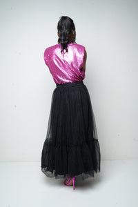 TIERED FLOWY TULLE MIDI SKIRT