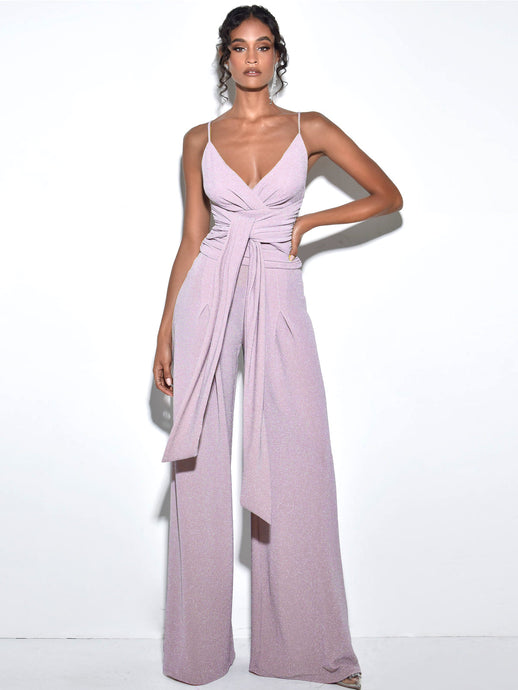 QUITA PURPLE METALLIC TIE FRONT WIDE LEG JUMPSUIT