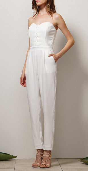 ADELYN RAE LACED UP WOVEN STRAPLESS JUMPSUIT