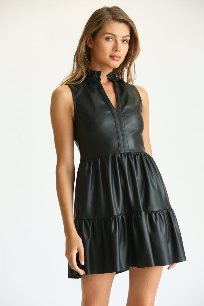 knee length dresses for ladies FAUX LEATHER TIERED DRESS