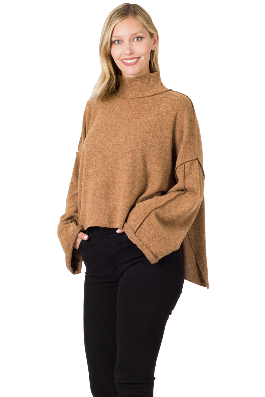 BRUSHED MELANGE HACCI SIDE SLIT MOCK NECK SWEATER