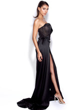 Load image into Gallery viewer, HOLLY BLACK CRYSTALLIZED CORSET HIGH SLIT SATIN GOWN