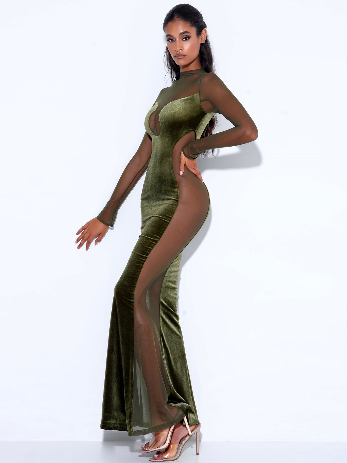 PAISLEE OLIVE GREEN VELVET MESH LONG SLEEVE GOWN Arelia's Dream PAISLEE OLIVE GREEN VELVET MESH LONG SLEEVE GOWN Arelia's Dream