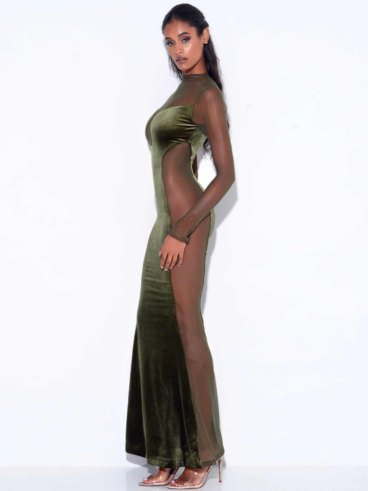 PAISLEE OLIVE GREEN VELVET MESH LONG SLEEVE GOWN Arelia's Dream PAISLEE OLIVE GREEN VELVET MESH LONG SLEEVE GOWN Arelia's Dream
