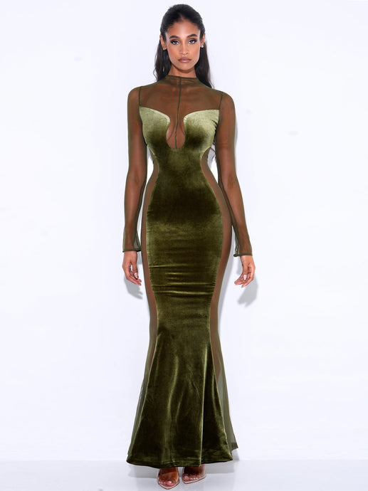 PAISLEE OLIVE GREEN VELVET MESH LONG SLEEVE GOWN