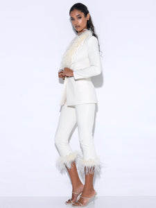 YANLEY CREAM WHITE PANTS WITH FEATHER TRIM