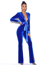 Load image into Gallery viewer, GLORIOUS BLUE LONG SLEEVE VELVET JUMPSUIT