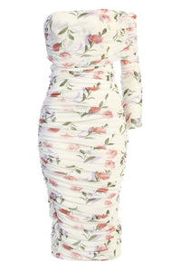 LILA IVORY FLORAL RUCHED DRESS