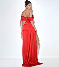 Load image into Gallery viewer, NORMA RED OFF SHOULDER CRYSTALLIZED CORSET SATIN GOWN