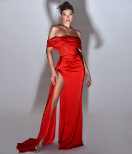 NORMA RED OFF SHOULDER CRYSTALLIZED CORSET SATIN GOWN