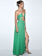 Load image into Gallery viewer, QUINBY GREEN SILK PLEATED LACE UP MAXI DRESS