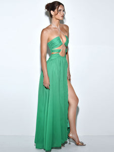 QUINBY GREEN SILK PLEATED LACE UP MAXI DRESS