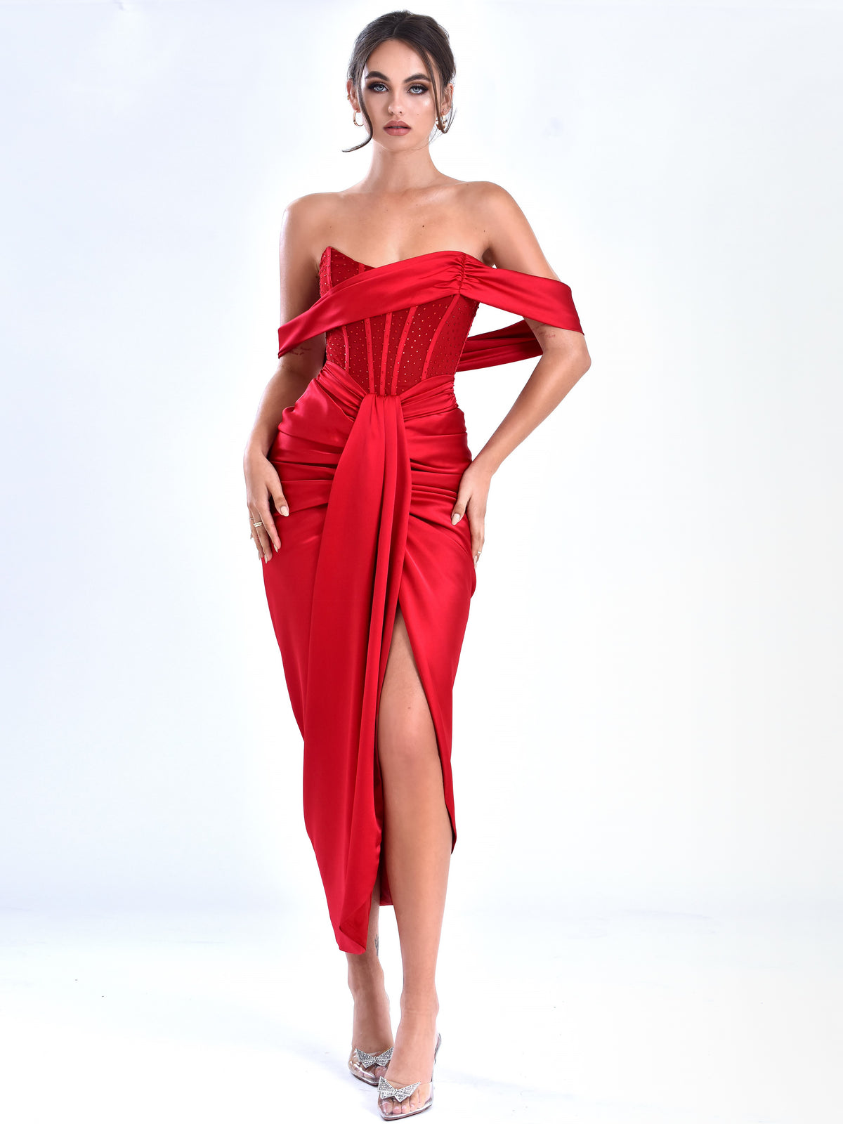 STELLA BURGUNDY OFF SHOULDER CRYSTAL CORSET SATIN GOWN Arelia's Dream STELLA BURGUNDY OFF SHOULDER CRYSTAL CORSET SATIN GOWN Arelia's Dream