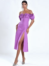 Load image into Gallery viewer, QUINLEY LILAC OFF THE SHOULDER LINEN MIDI DRESS
