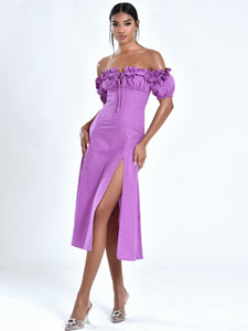 QUINLEY LILAC OFF THE SHOULDER LINEN MIDI DRESS