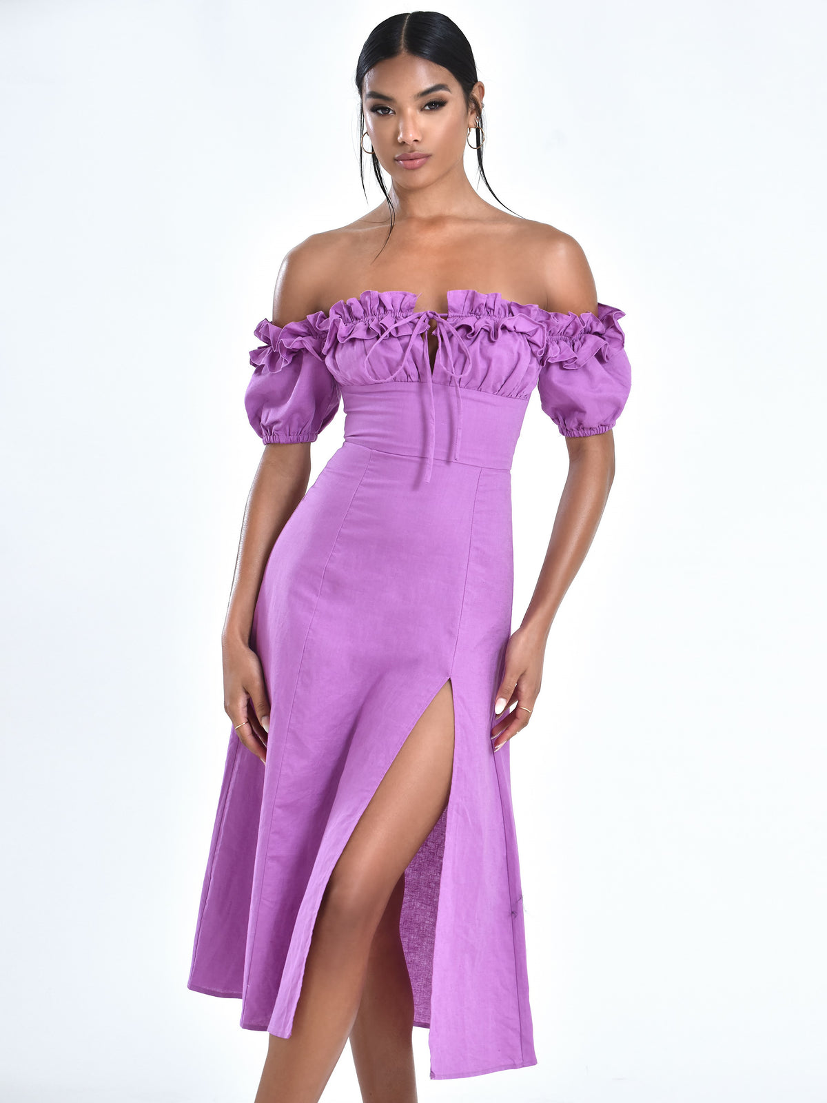 QUINLEY LILAC OFF THE SHOULDER LINEN MIDI DRESS