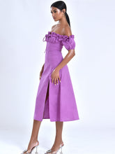 Load image into Gallery viewer, QUINLEY LILAC OFF THE SHOULDER LINEN MIDI DRESS