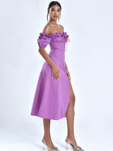 Load image into Gallery viewer, QUINLEY LILAC OFF THE SHOULDER LINEN MIDI DRESS