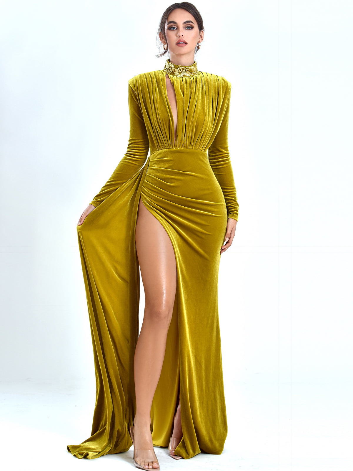 ZENAIDA GOLD CUTOUT HIGH SLIT VELVET GOWN – Arelia's Dream ZENAIDA GOLD CUTOUT HIGH SLIT VELVET GOWN – Arelia's Dream