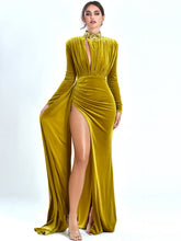 Load image into Gallery viewer, ZENAIDA GOLD CUTOUT HIGH SLIT VELVET GOWN