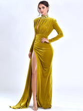 Load image into Gallery viewer, ZENAIDA GOLD CUTOUT HIGH SLIT VELVET GOWN