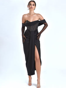 STELLA BLACK OFF SHOULDER CRYSTAL CORSET SATIN GOWN