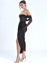 Load image into Gallery viewer, STELLA BLACK OFF SHOULDER CRYSTAL CORSET SATIN GOWN
