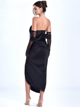 Load image into Gallery viewer, STELLA BLACK OFF SHOULDER CRYSTAL CORSET SATIN GOWN