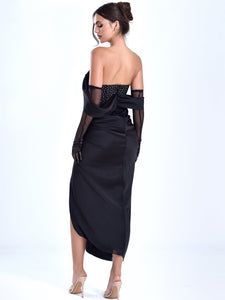 STELLA BLACK OFF SHOULDER CRYSTAL CORSET SATIN GOWN